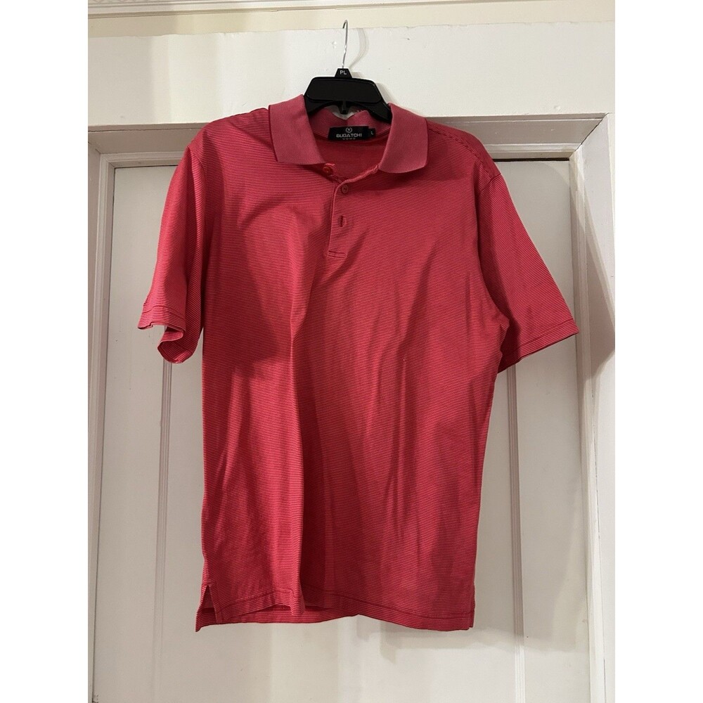 Bugatchi Mens Large Red Knit Polo Shirt Cotton Short Sleeve Collared Bright Golf